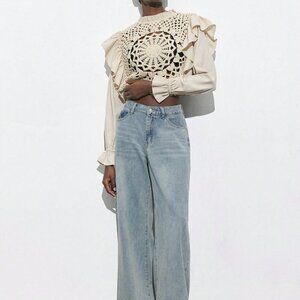 Khaki Casual Women's Apricot Hollow Hook Flower Splicing Ruffles Top